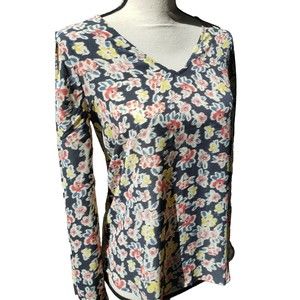Ann Taylor Loft V-Neck Blouse Sz XS Floral Long Button Sleeve Navy Pleat Shouldr